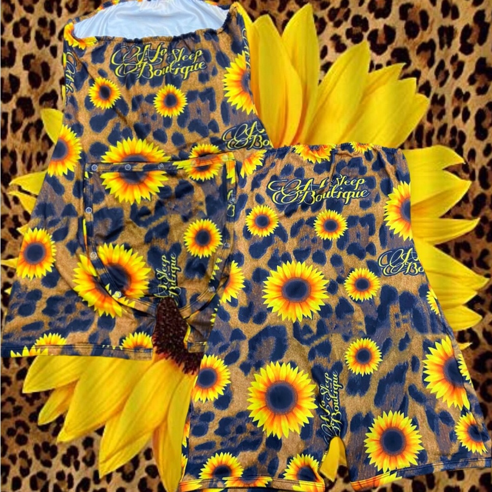 CHEETAH SUNFLOWER. Women’s short tube top onesie with buttflap loungewear.